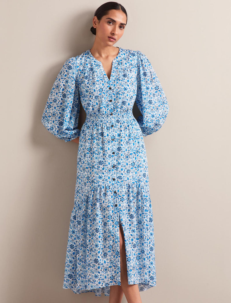 Aspen Cotton Blend Maxi Dress - White Blue Ditsy Carnation Print