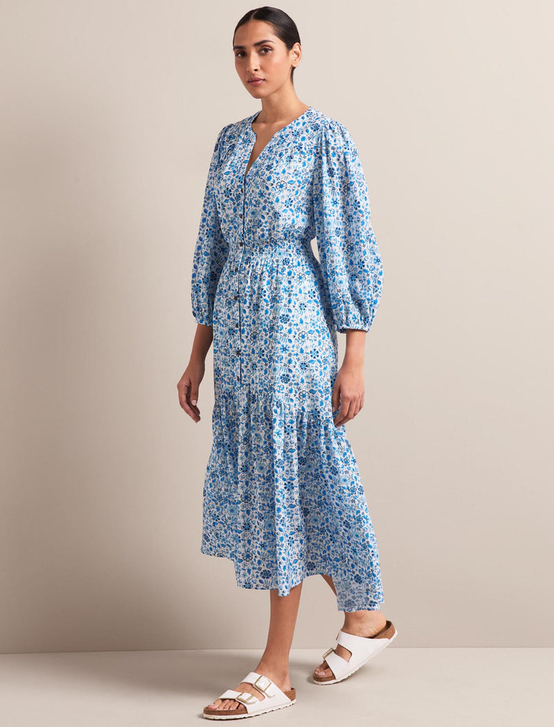 Aspen Cotton Blend Maxi Dress - White Blue Ditsy Carnation Print