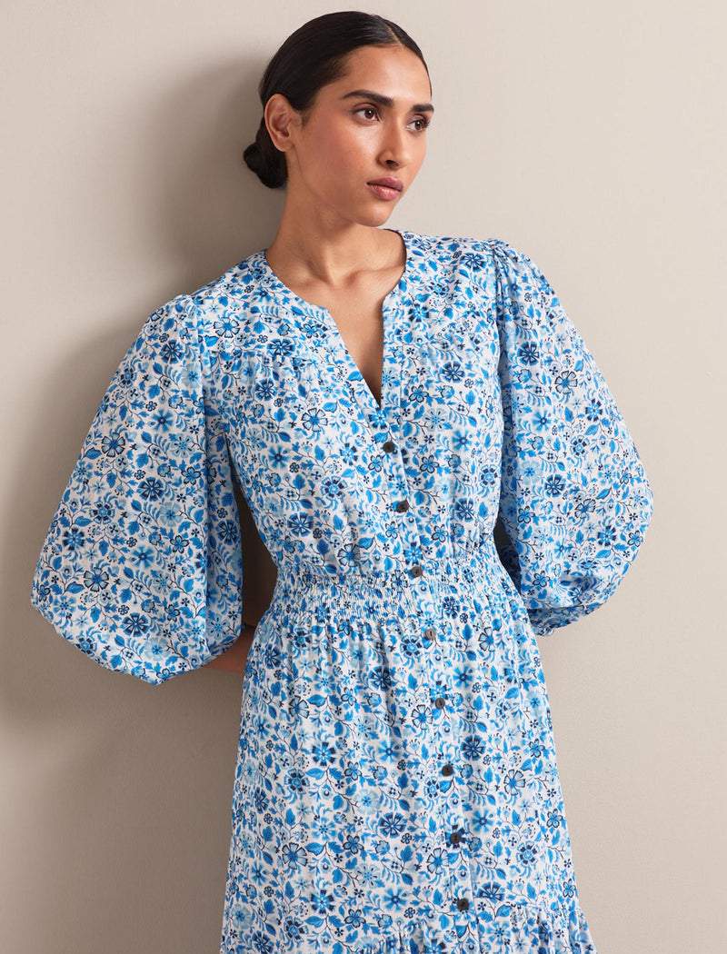 Aspen Cotton Blend Maxi Dress - White Blue Ditsy Carnation Print