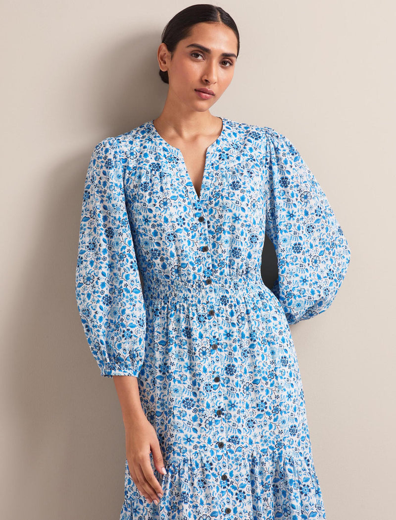 Aspen Cotton Blend Maxi Dress - White Blue Ditsy Carnation Print