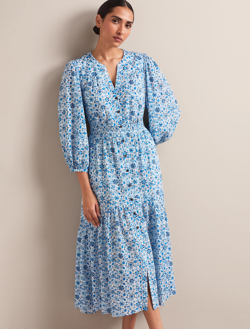 Aspen Cotton Blend Maxi Dress - White Blue Ditsy Carnation Print