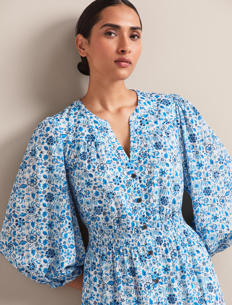 Aspen Cotton Blend Maxi Dress - White Blue Ditsy Carnation Print