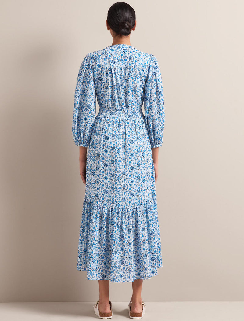 Aspen Cotton Blend Maxi Dress - White Blue Ditsy Carnation Print