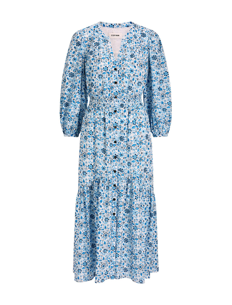 Aspen Cotton Blend Maxi Dress - White Blue Ditsy Carnation Print