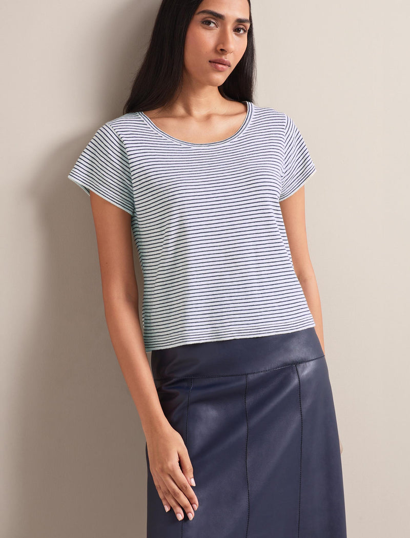 Madison Linen Blend Round Neck Knit T-Shirt - White Navy Stripe