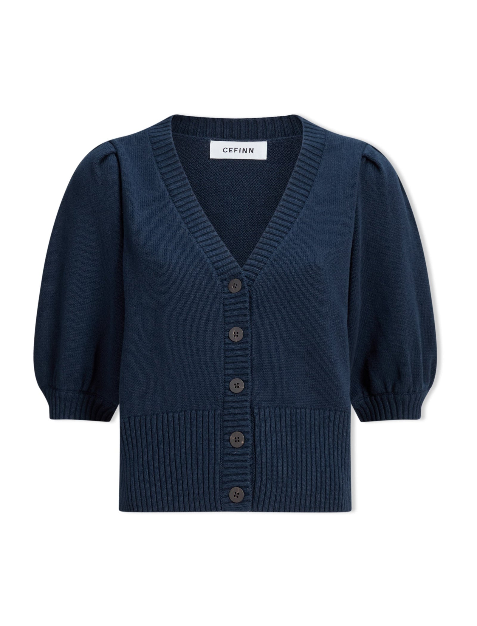 Amalie Linen Blend Cardigan with Puff Sleeve - Navy