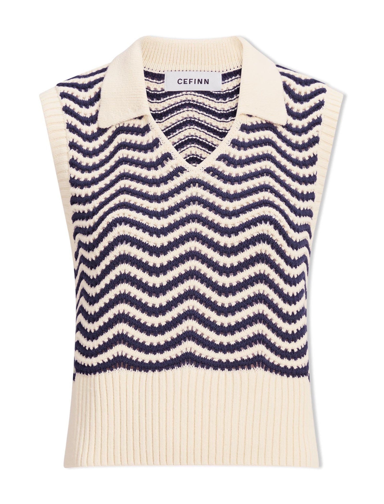 Velma Cotton Crochet V Neck Vest - Cream Navy Stripe