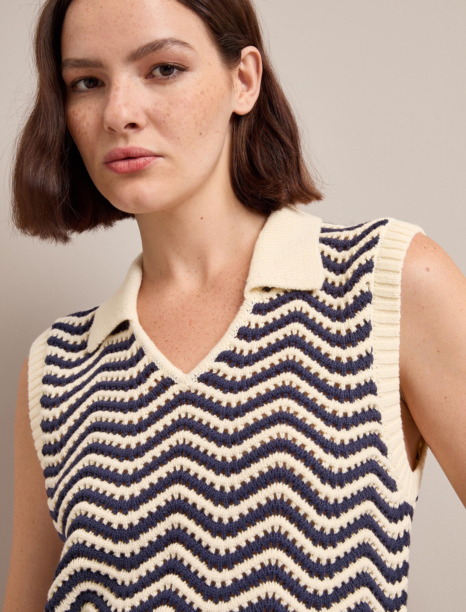 Velma Cotton Crochet V Neck Vest - Cream Navy Stripe