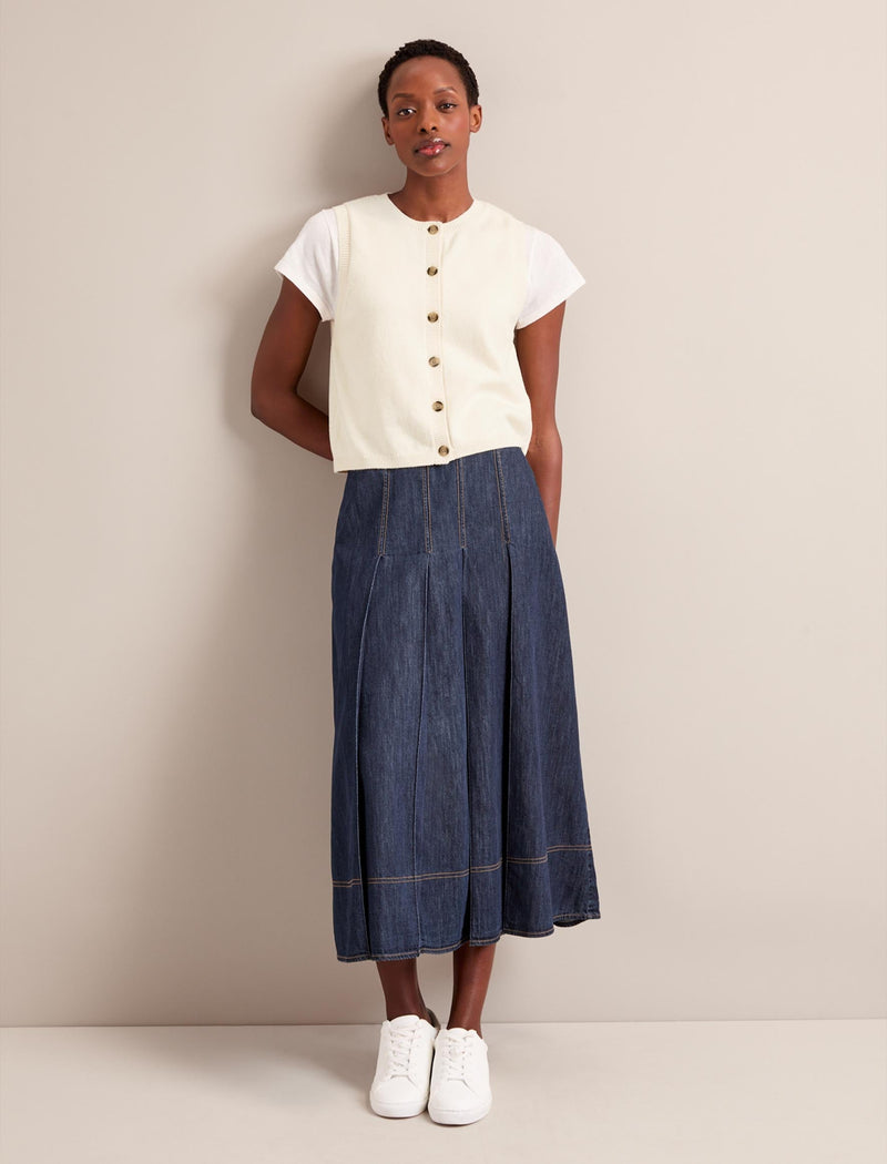 Sophia Denim Pleated Maxi Skirt Dark Blue