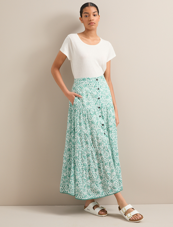 Rita Cotton Blend Maxi Skirt - Green Mono Floral Print