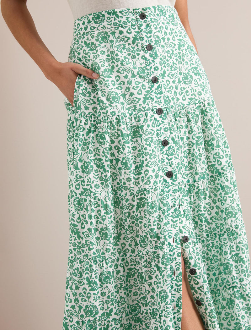 Rita Cotton Blend Maxi Skirt - Green Mono Floral Print