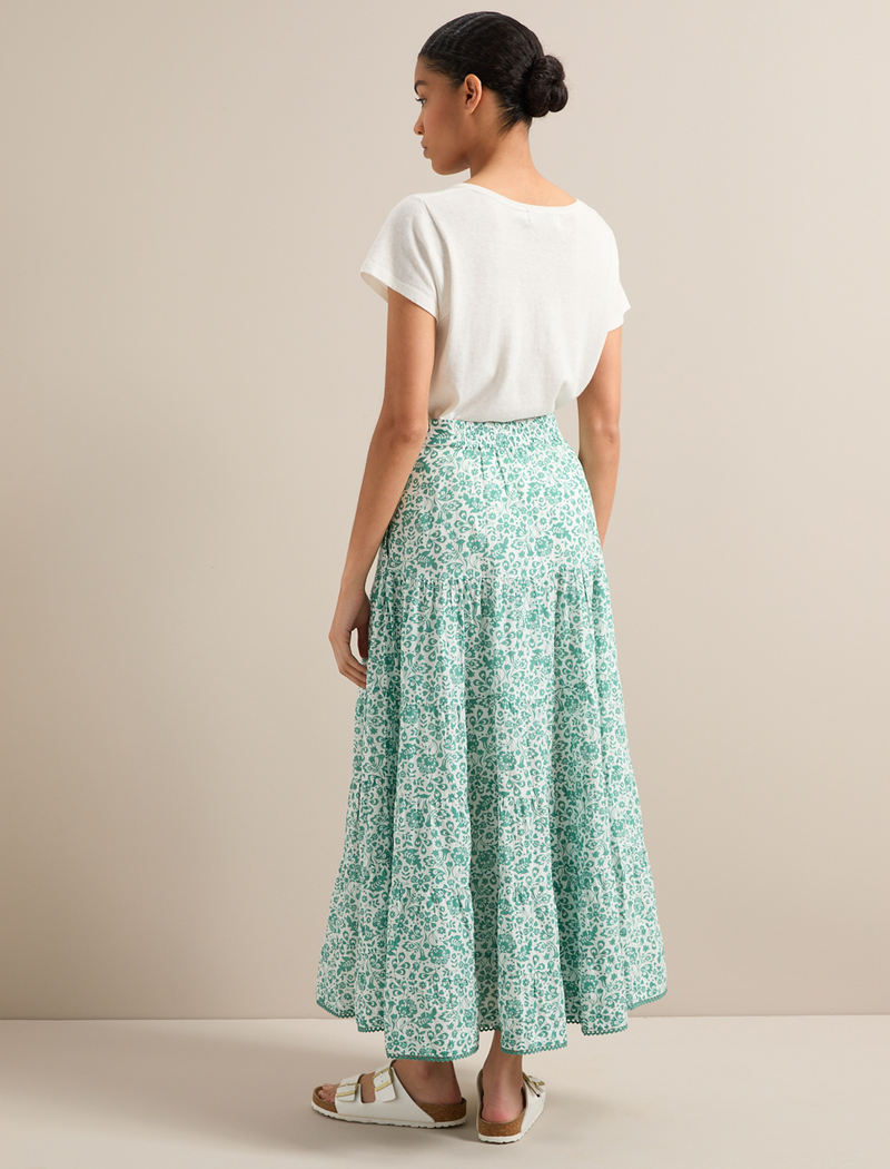 Rita Cotton Blend Maxi Skirt - Green Mono Floral Print