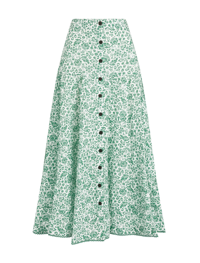 Rita Cotton Blend Maxi Skirt - Green Mono Floral Print