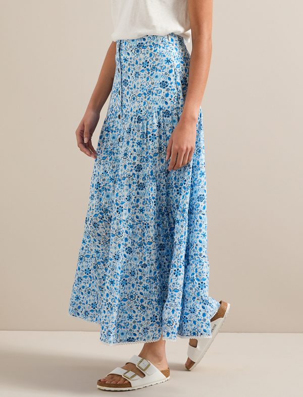 Rita Cotton Blend Maxi Skirt - White Blue Ditsy Carnation Print