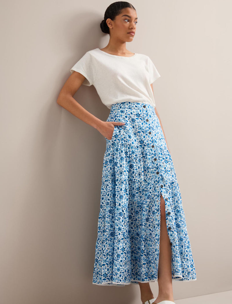 Rita Cotton Blend Maxi Skirt - White Blue Ditsy Carnation Print