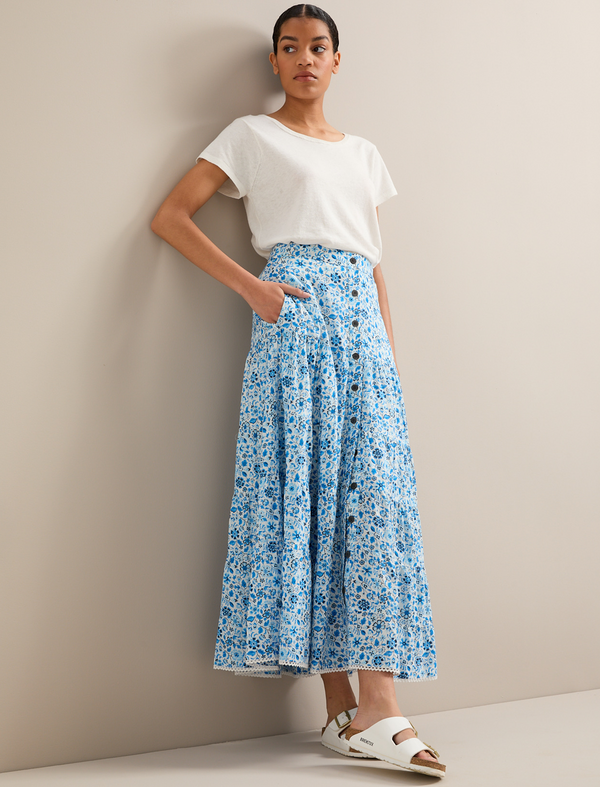 Rita Cotton Blend Maxi Skirt - White Blue Ditsy Carnation Print