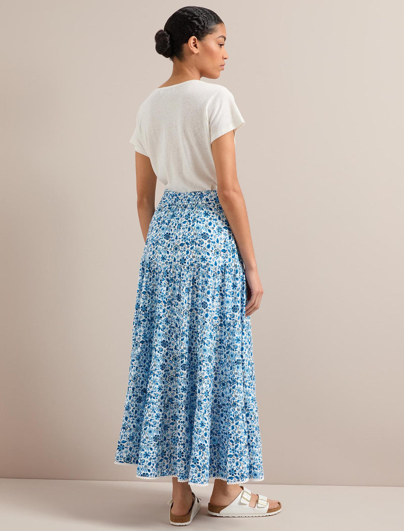 Rita Cotton Blend Maxi Skirt - White Blue Ditsy Carnation Print