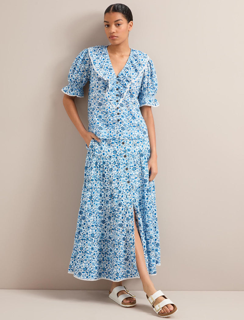 Rita Cotton Blend Maxi Skirt - White Blue Ditsy Carnation Print