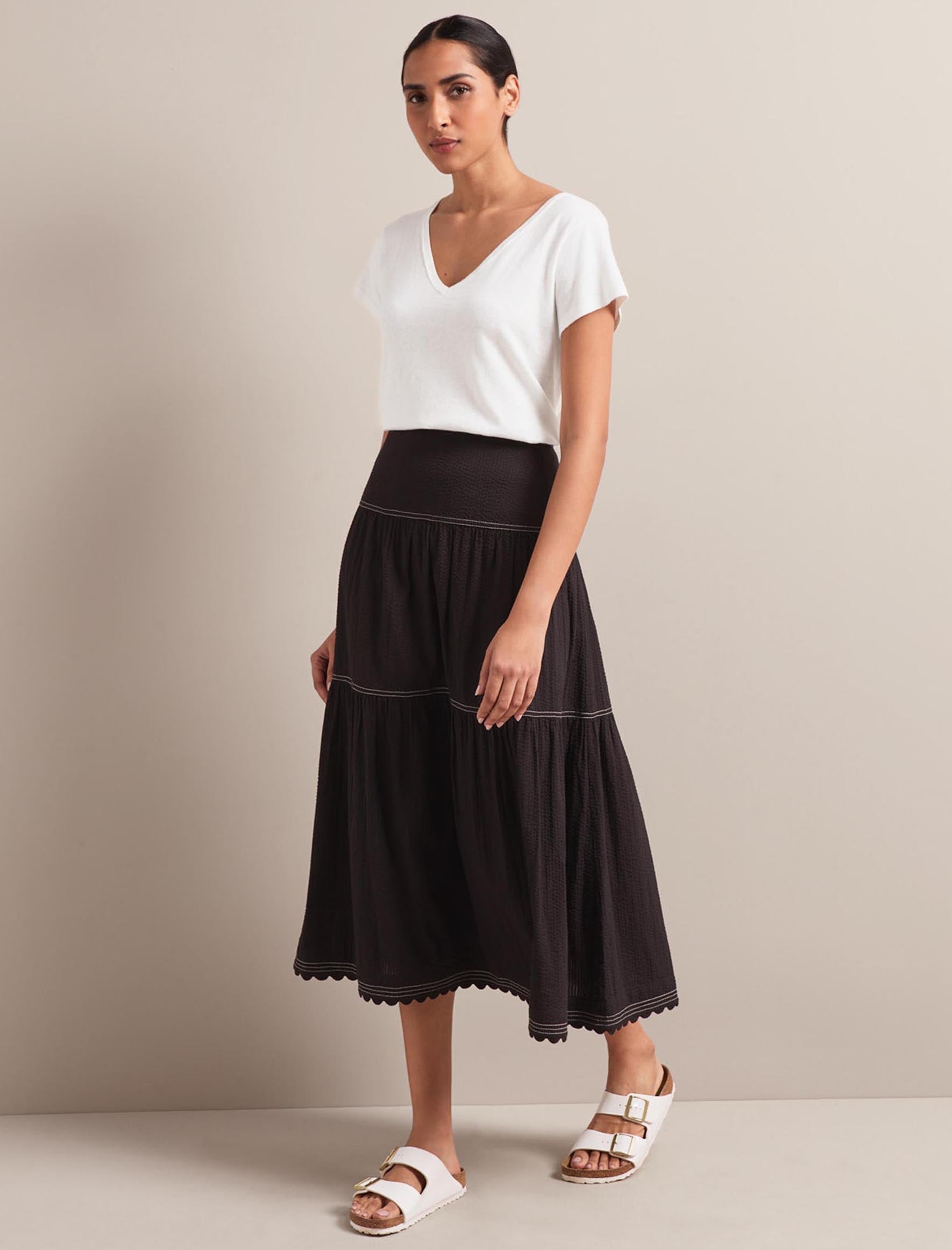 Sylvia Seersucker Tiered Gathered Maxi Skirt - Black
