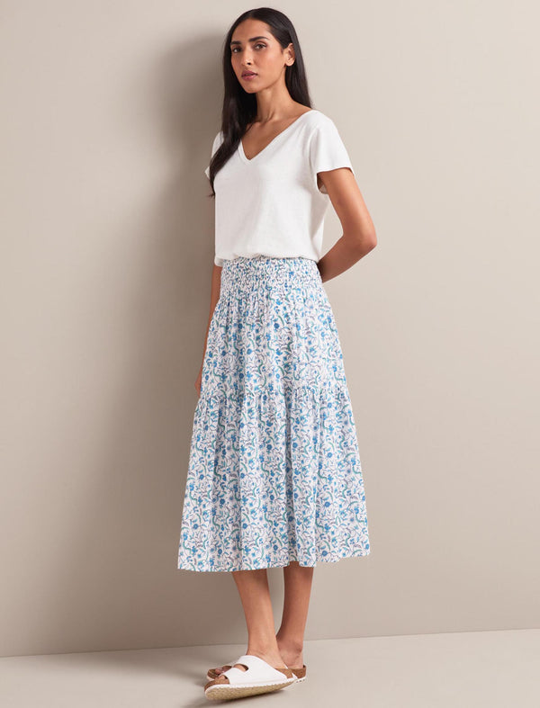 Sylvia Silk Blend Maxi Skirt - Blue Trailing Feather Print