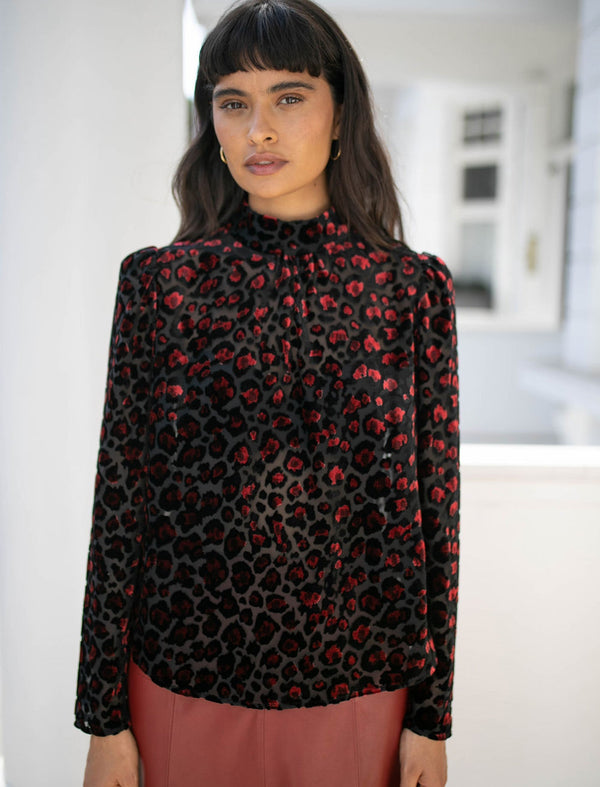 Thalia Devoré Blouse - Red Leopard Devoré