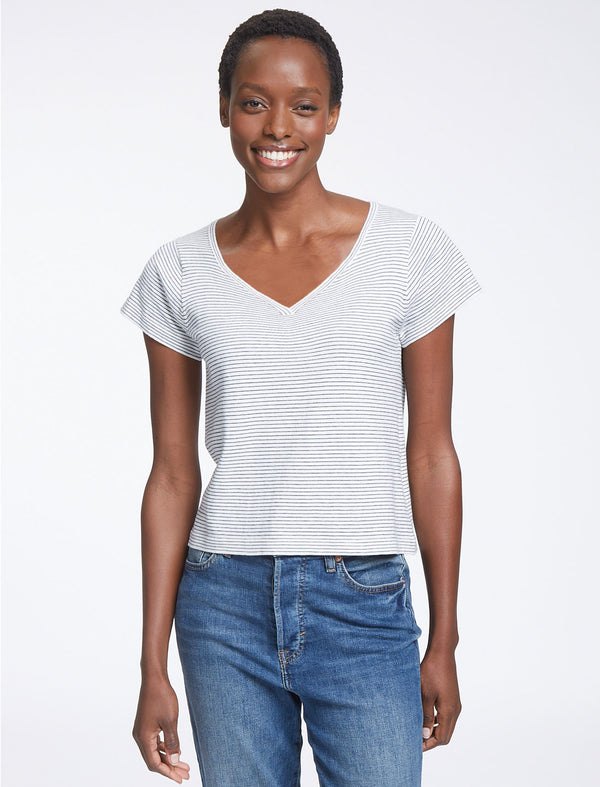 Madison Cotton Silk Blend V Neck T-Shirt - White Navy Stripe