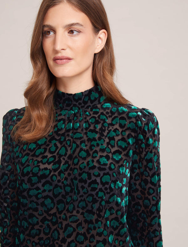 Thalia Devoré Blouse - Green Leopard Devoré