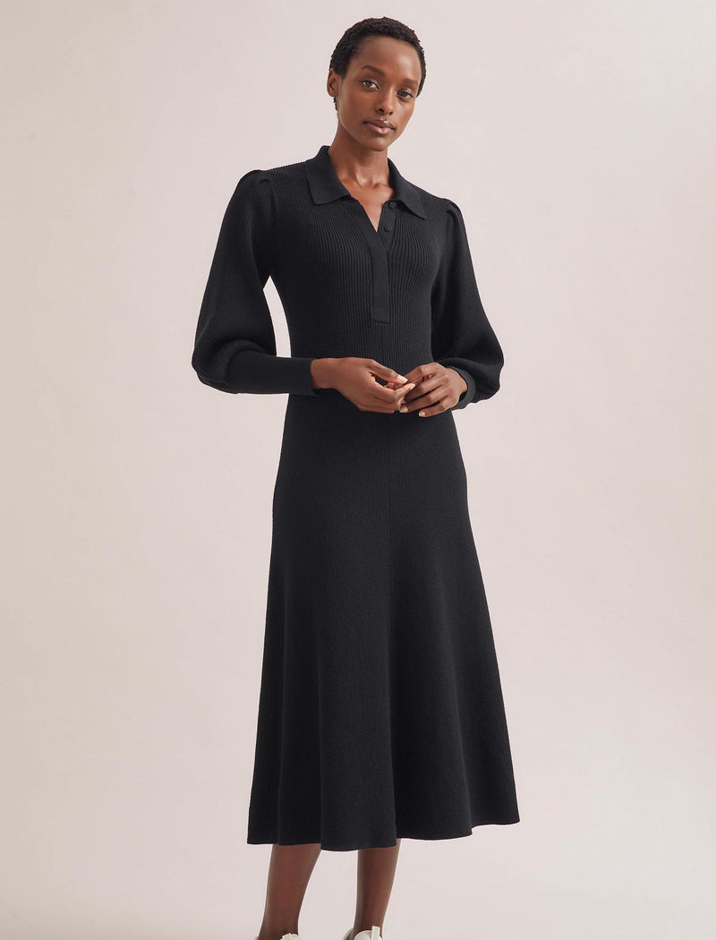 Eva Merino Wool Collared Knit Maxi Dress - Black