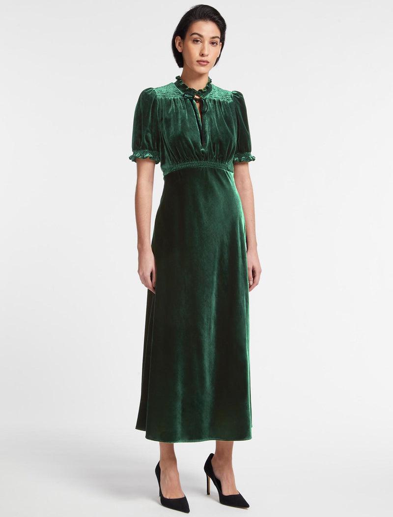 Irina Velvet Shirred Detail Bias Cut Maxi Dress - Green