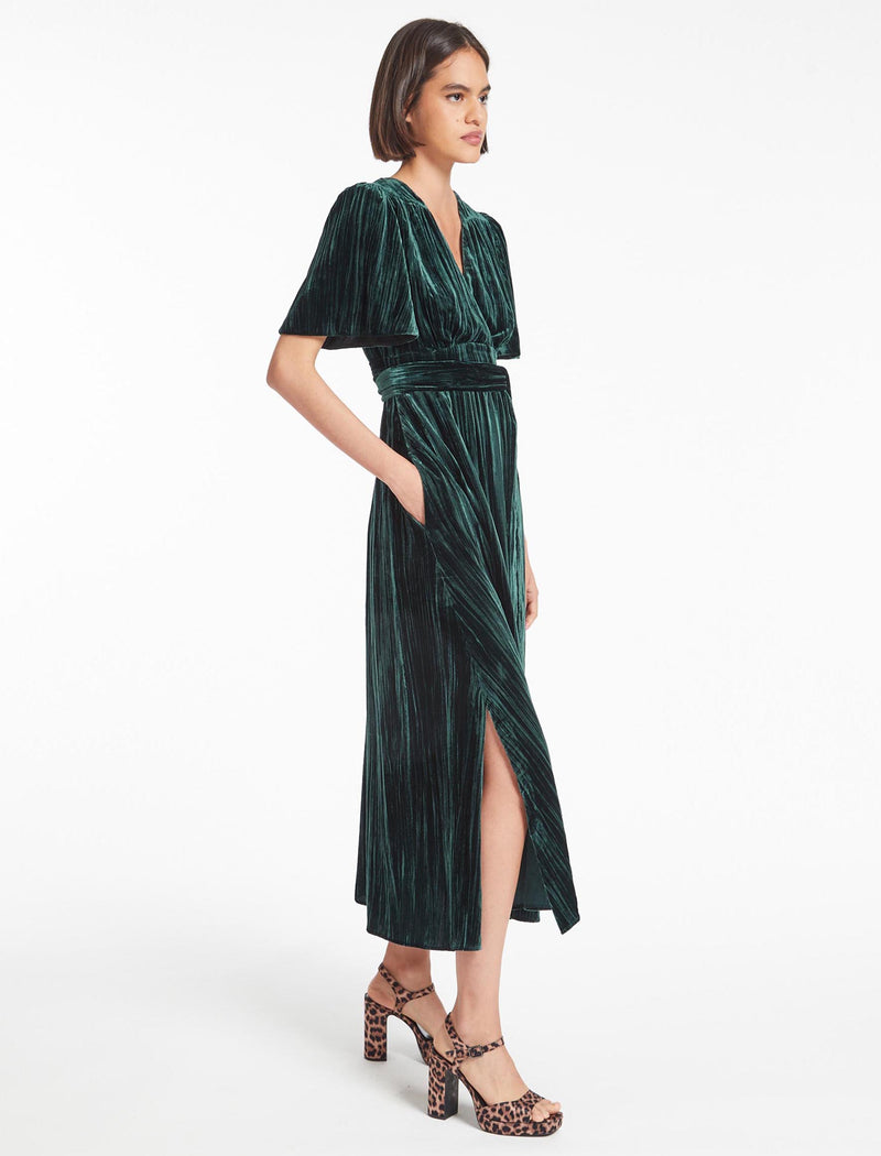 Gina Plisse Velvet Elastic Waist Maxi Dress with Wide Wrap Belt - Dark ...