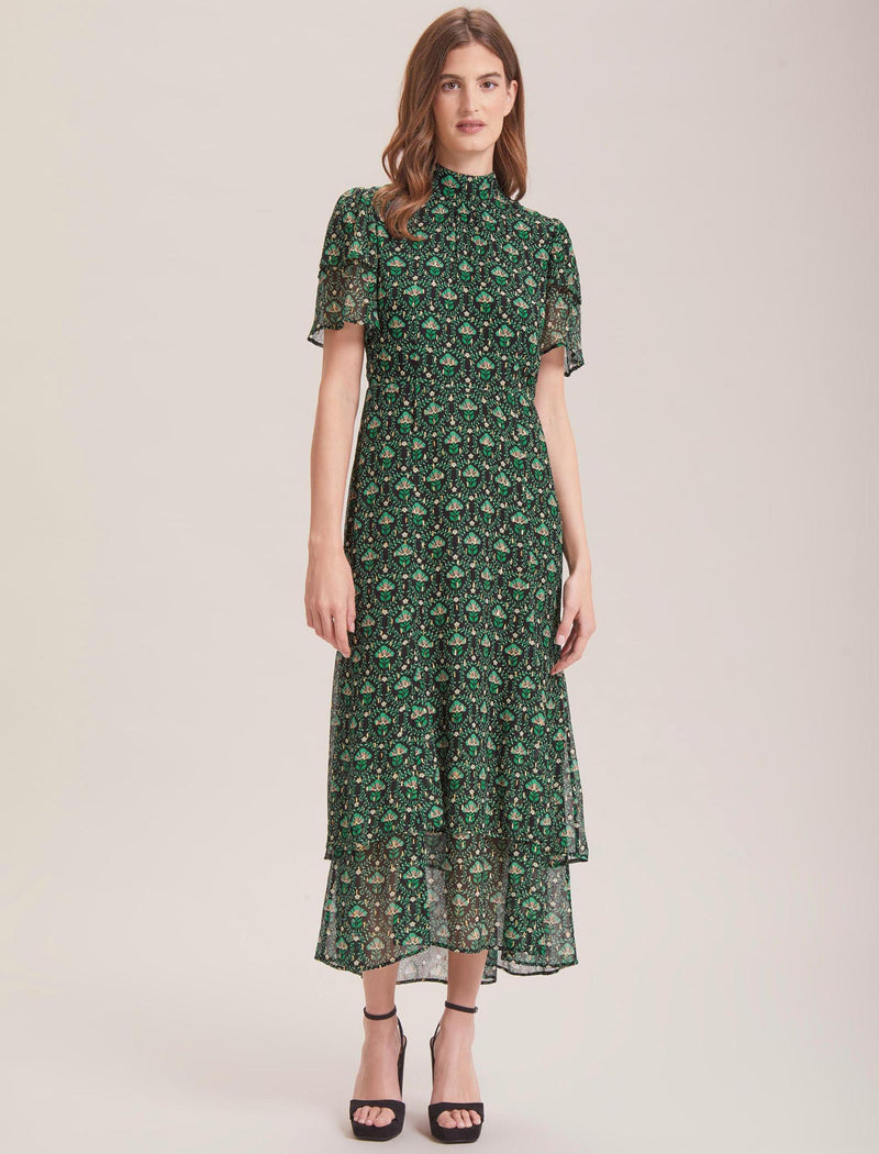 Aurelie Lurex Funnel Neck Maxi Dress - Green Carnation Print