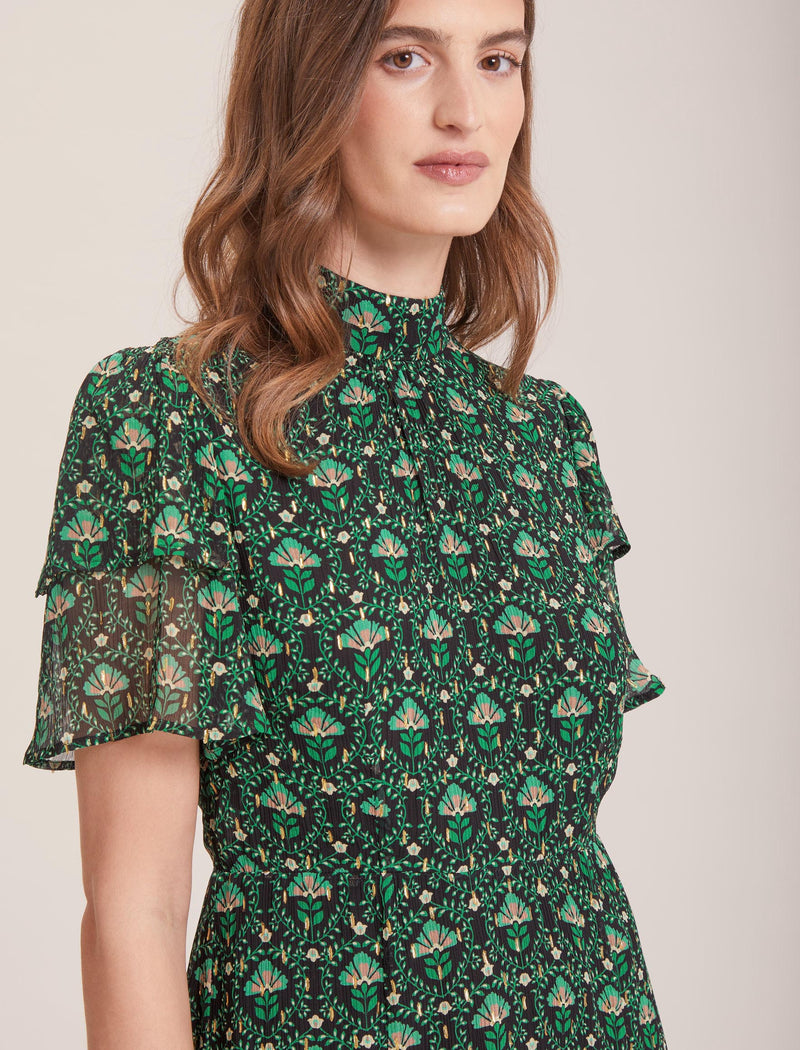 Aurelie Lurex Filcoupe Funnel Neck Maxi Dress - Green Carnation Print