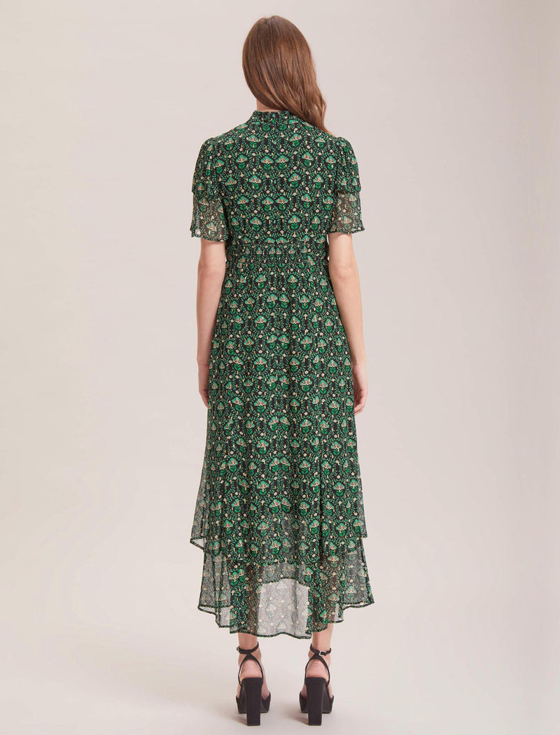 Aurelie Lurex Funnel Neck Maxi Dress - Green Carnation Print