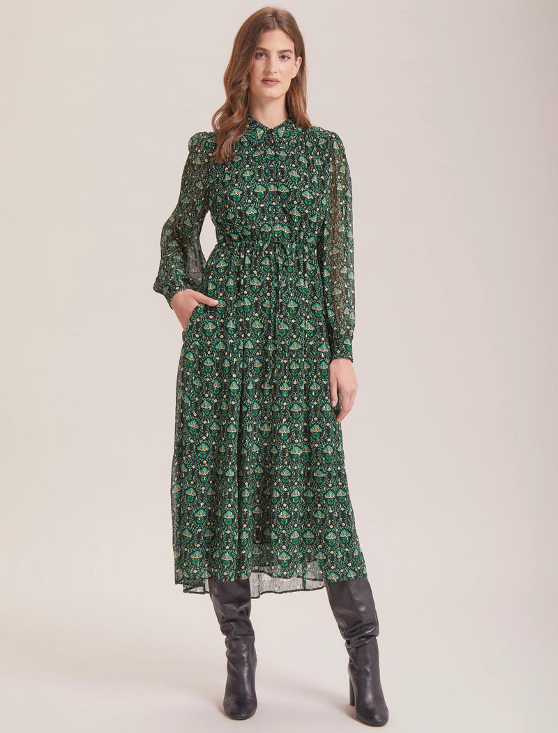 Kamryn Lurex Shirt Dress - Green Carnation Print