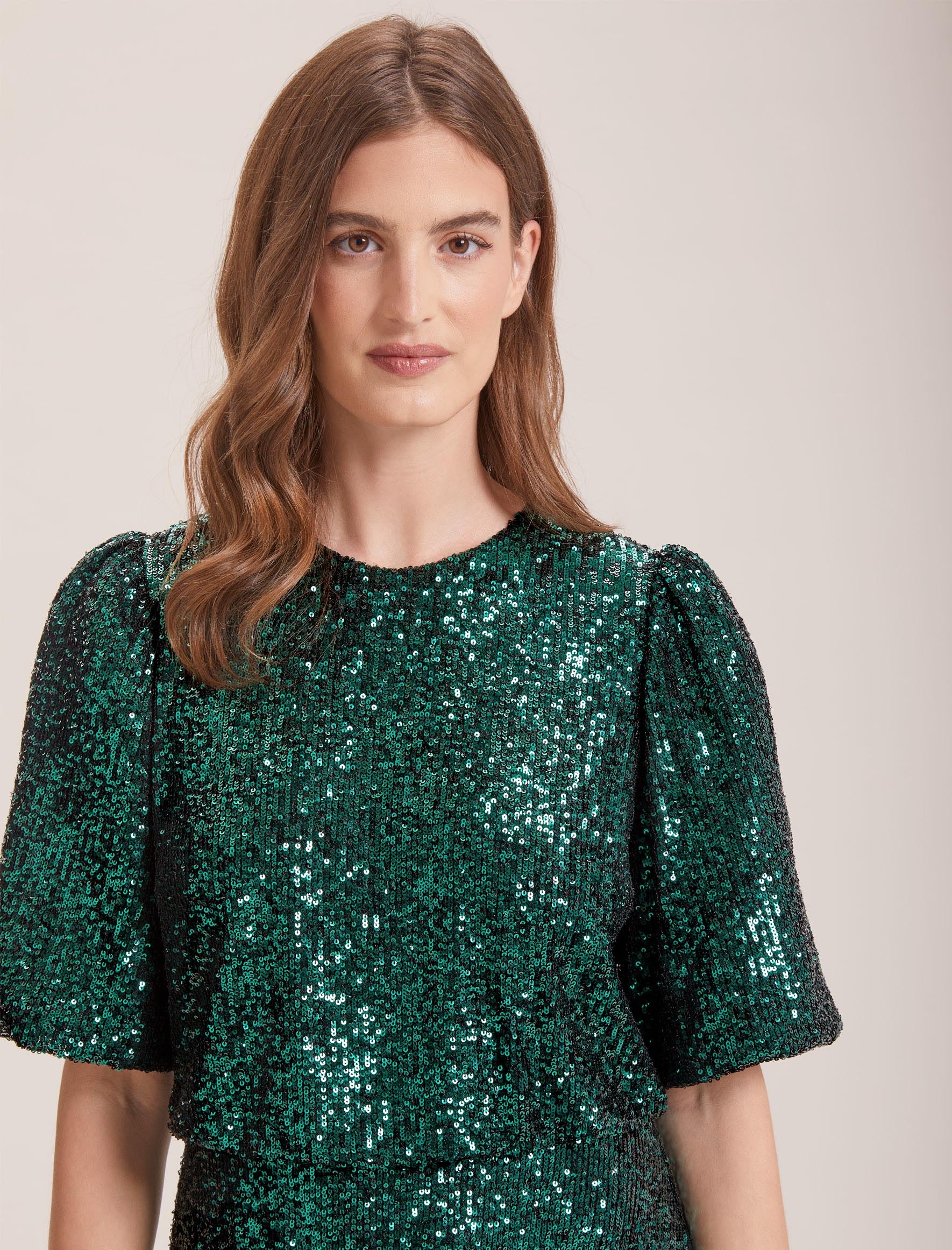 Marnie Sequin Midi Dress with Elasticated Waist - Dark Green