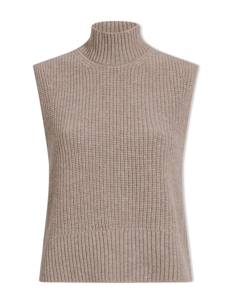 Janie Cashmere Blend Funnel Neck Sleeveless Jumper - Taupe