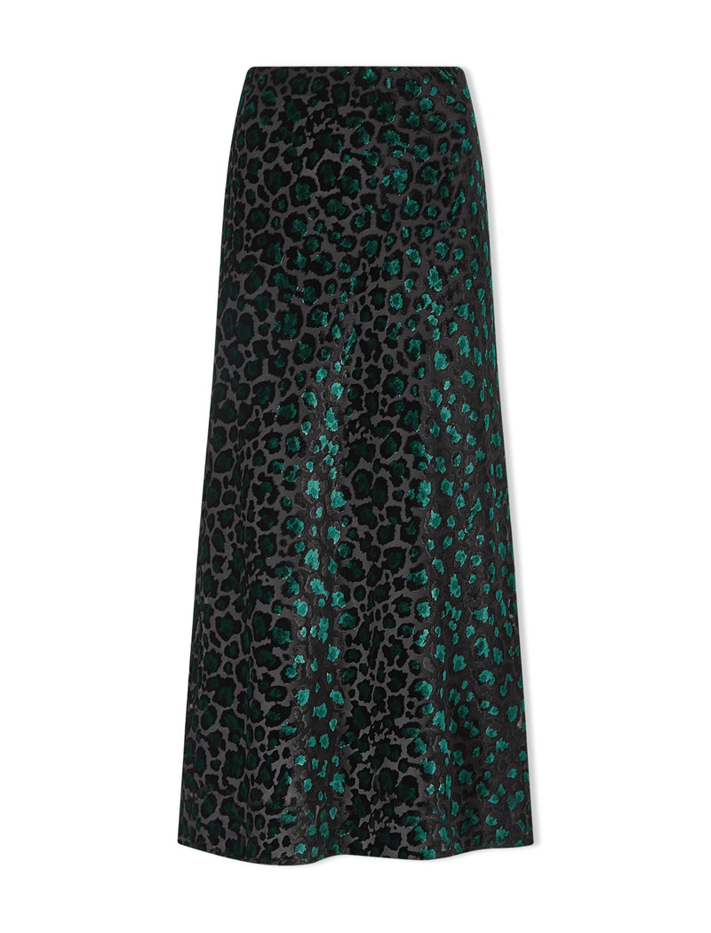 Scarlett Devoré Bias Maxi Skirt - Green Leopard Devoré