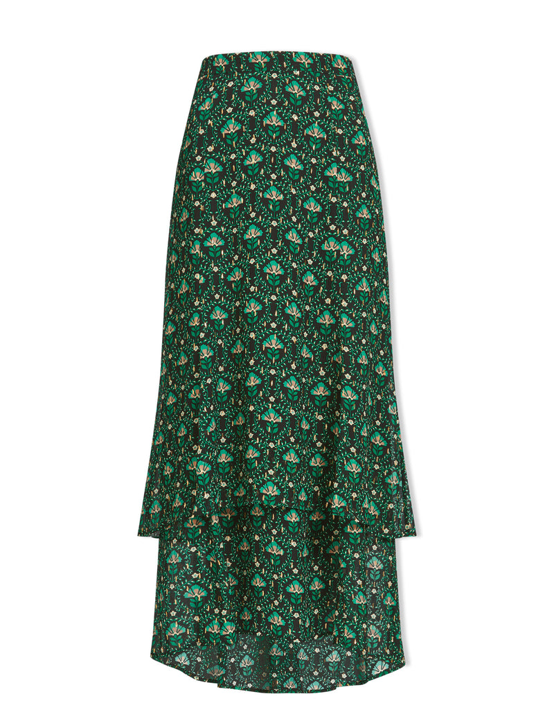 Lotta Lurex Filcoupe Tierred Fluted Skirt Green Carnation Print