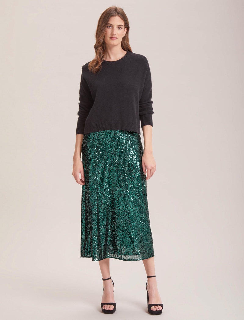 Scarlett Sequin Maxi Skirt with Elasticated Waist - Dark Green