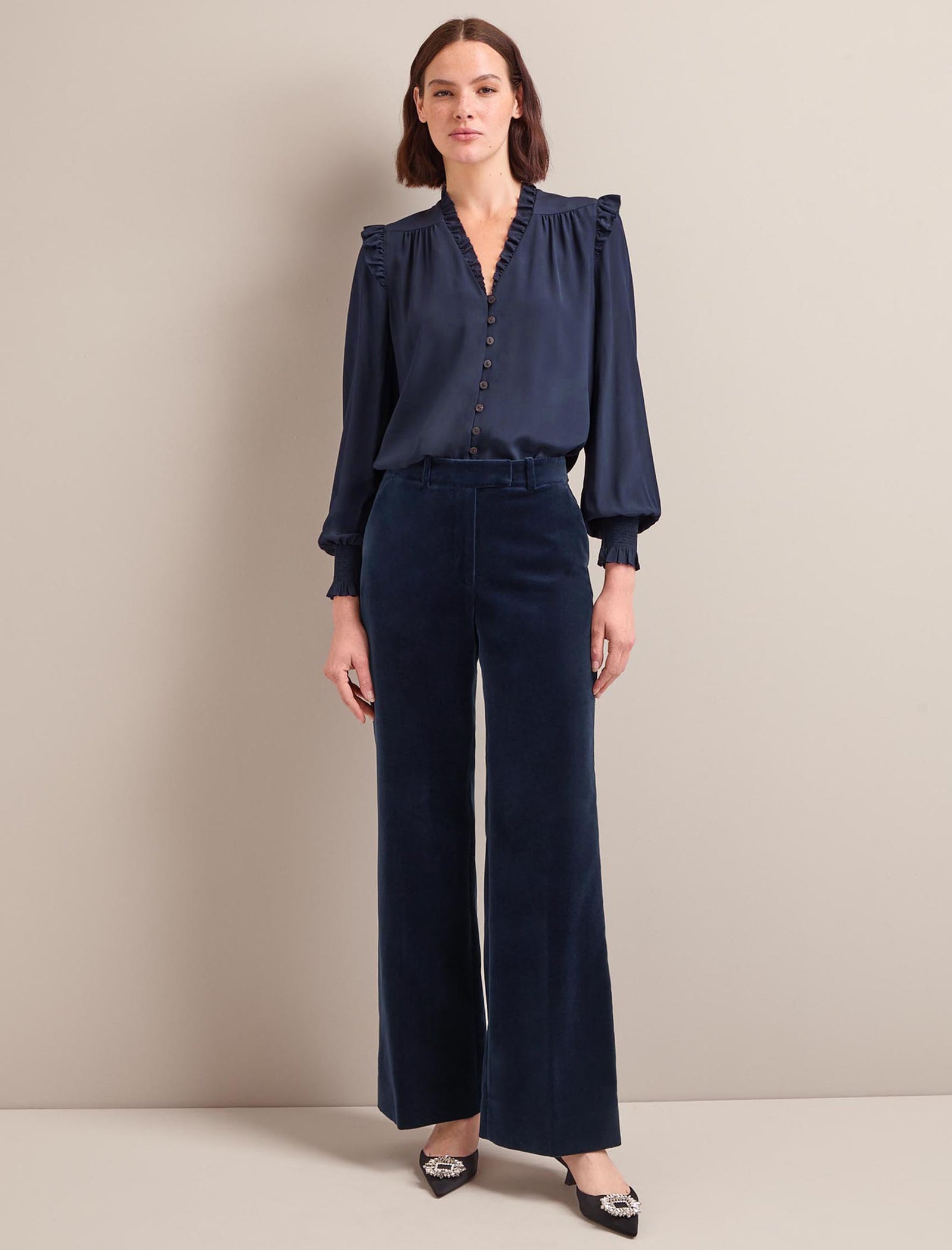Taylor Velvet Wide Leg Trouser in Navy