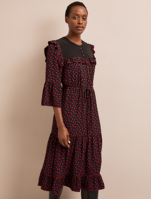 Celia Midi Dress - Black Red Polka Dot Print