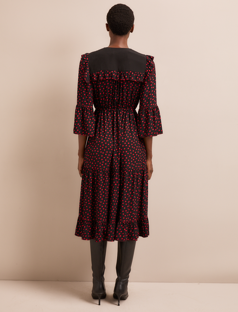 Celia Midi Dress - Black Red Polka Dot Print