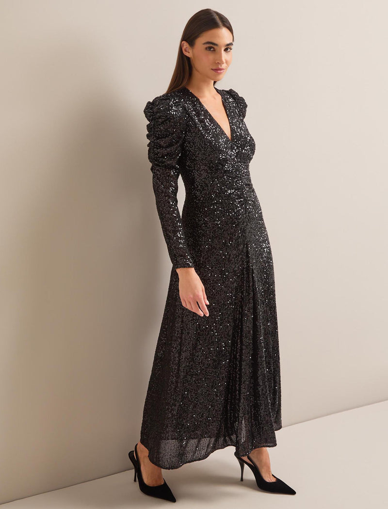 Ophelia Bias Cut Sequin Maxi Dress - Black