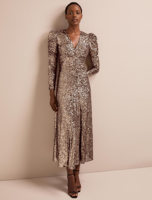 Ophelia Bias Cut Sequin Maxi Dress - Gold
