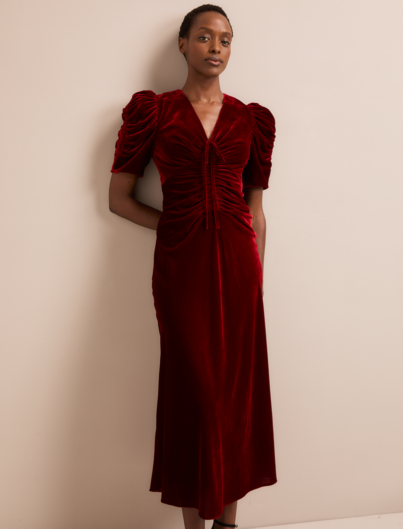 Ophelia Bias Cut Velvet Maxi Dress - Red