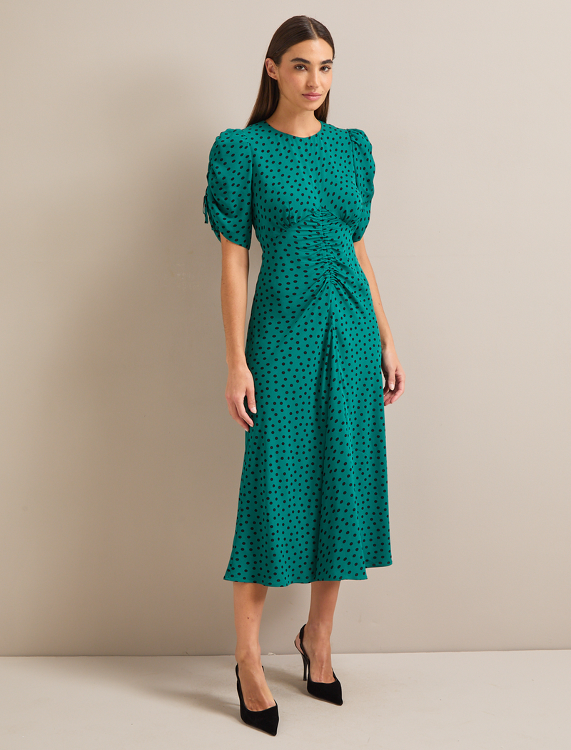 Lucia Bias Cut Maxi Dress - Green Black Polka Dot Print