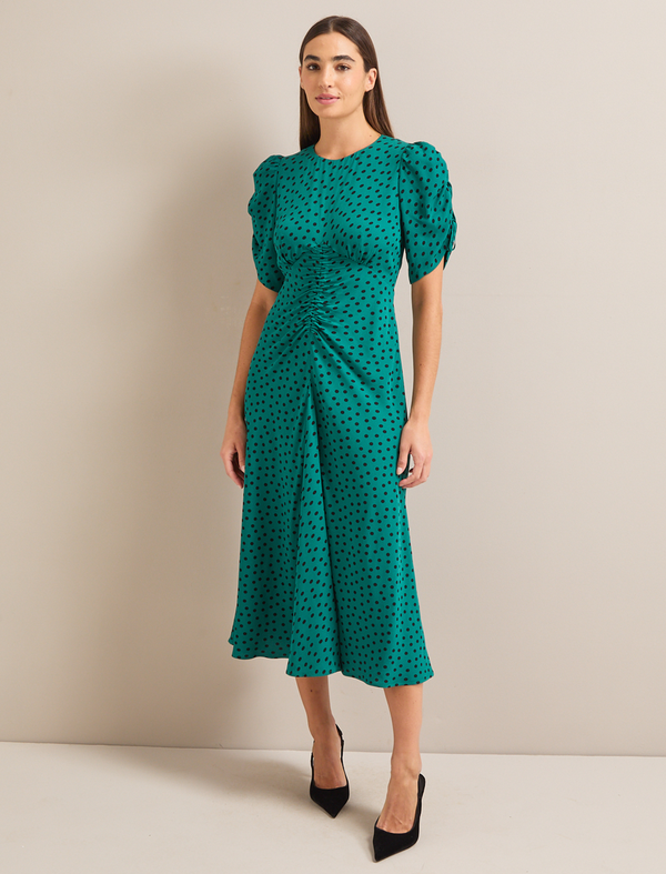 Lucia Bias Cut Maxi Dress - Green Black Polka Dot Print