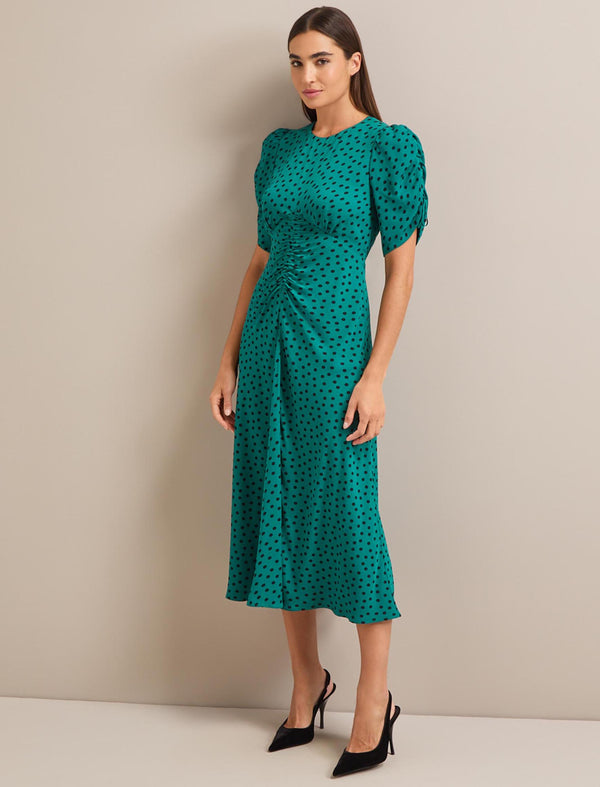 Lucia Bias Cut Midi Dress - Green Black Polka Dot Print