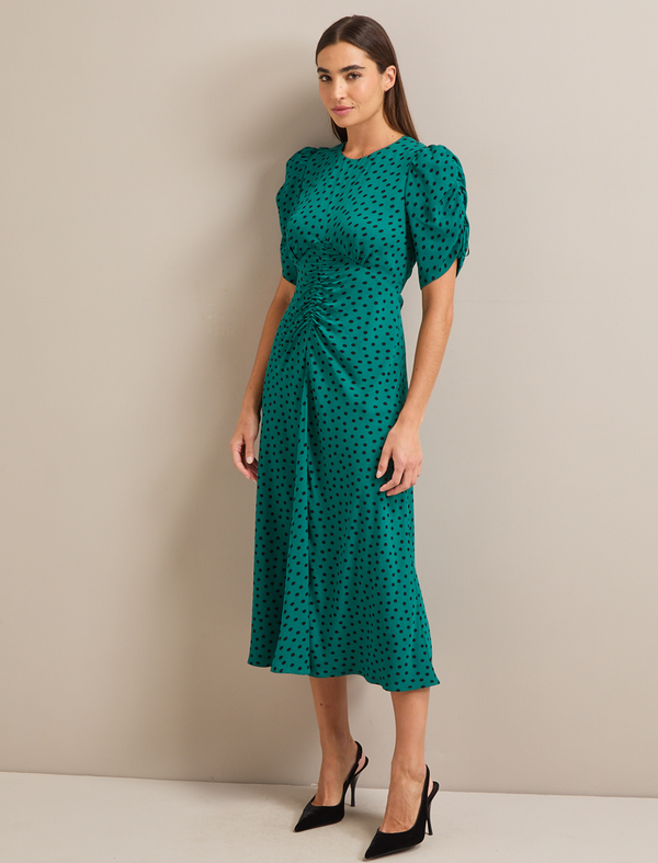 Lucia Bias Cut Maxi Dress - Green Black Polka Dot Print