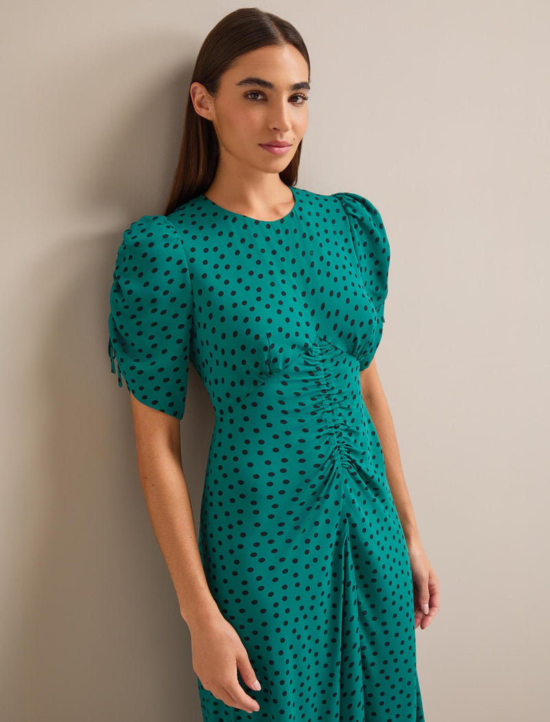 Lucia Bias Cut Midi Dress - Green Black Polka Dot Print